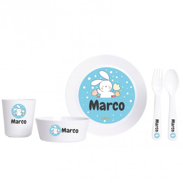 Vajilla Completa (Platos + Vaso + Cubiertos) diseño Conejo Azul con Nombre Personalizado