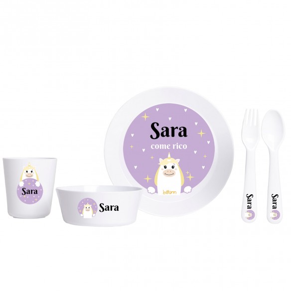 Vajilla Completa (Platos + Vaso + Cubiertos) diseño Unicornio Estrellas con Nombre Personalizado