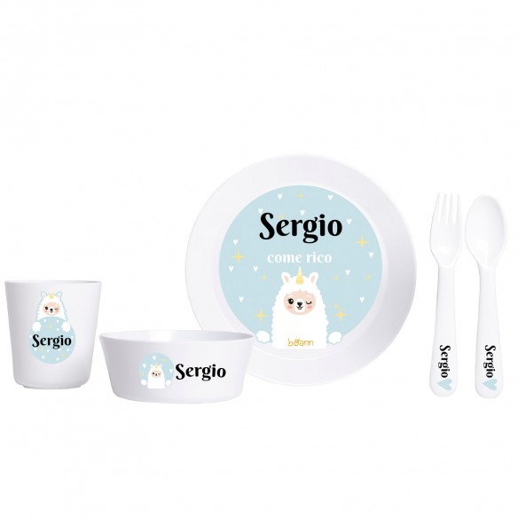 Vajilla Completa (Platos + Vaso + Cubiertos) diseño Llama con Nombre Personalizado