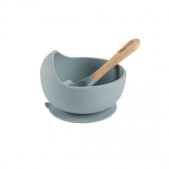 Bol Silicona con cuchara madera - Azul