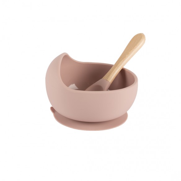 Bol Silicona con cuchara madera - Rosa