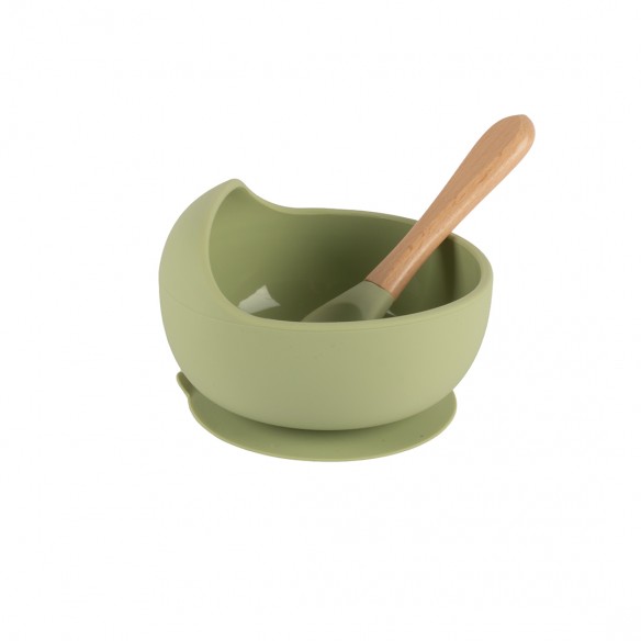 Bol Silicona con cuchara madera - Verde