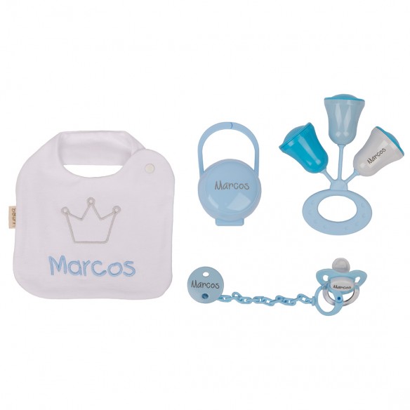 Caja Regalo N.2 Personalizada - Azul (Chupete + Cadena + Sonajero + Portachupetes + Babero Bordado)