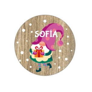 Bola de Navidad  Madera Marrón Personalizada - Duende con Gorro Rosa