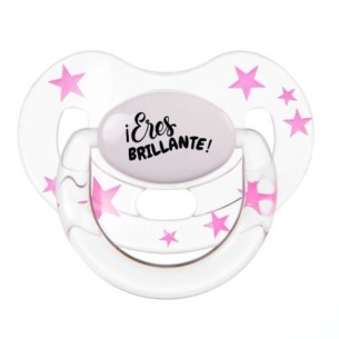 Chupete con frase "¡Eres BRILLANTE!" - Fucsia/Transparente con Estrellas