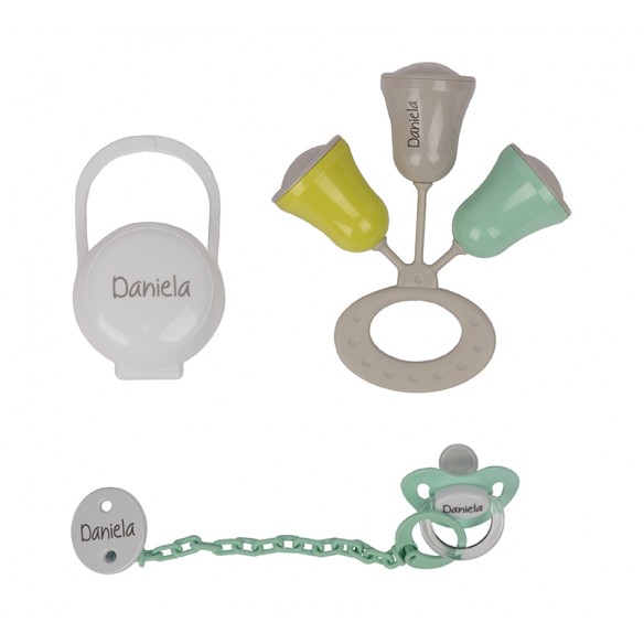 Caja Regalo N.1 Personalizada - Menta (Chupete + Cadena + Sonajero + Portachupetes) - Promocional