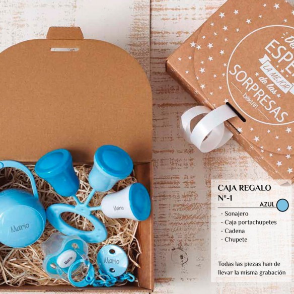 Caja Regalo N.1 (Chupete+Cadena+Sonajero+Caja) Azul