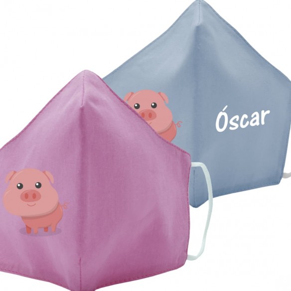 Mascarilla de tela CERDO azul y rosa