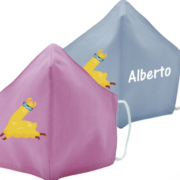 Mascarilla de tela LLAMAGAFAS azul y rosa
